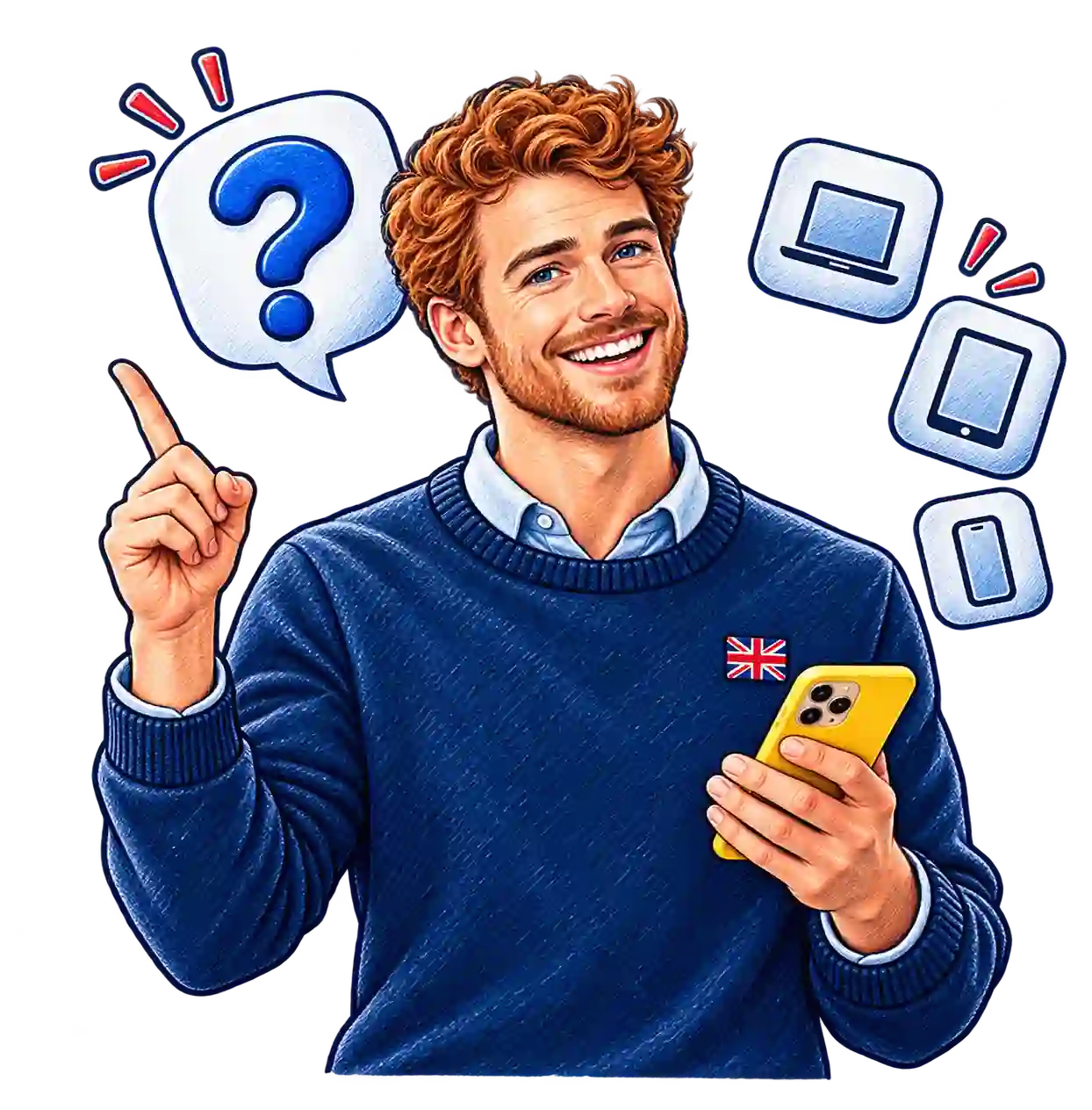 Smiling man holding a smartphone with question mark and streaming device icons for IPTV setup help
