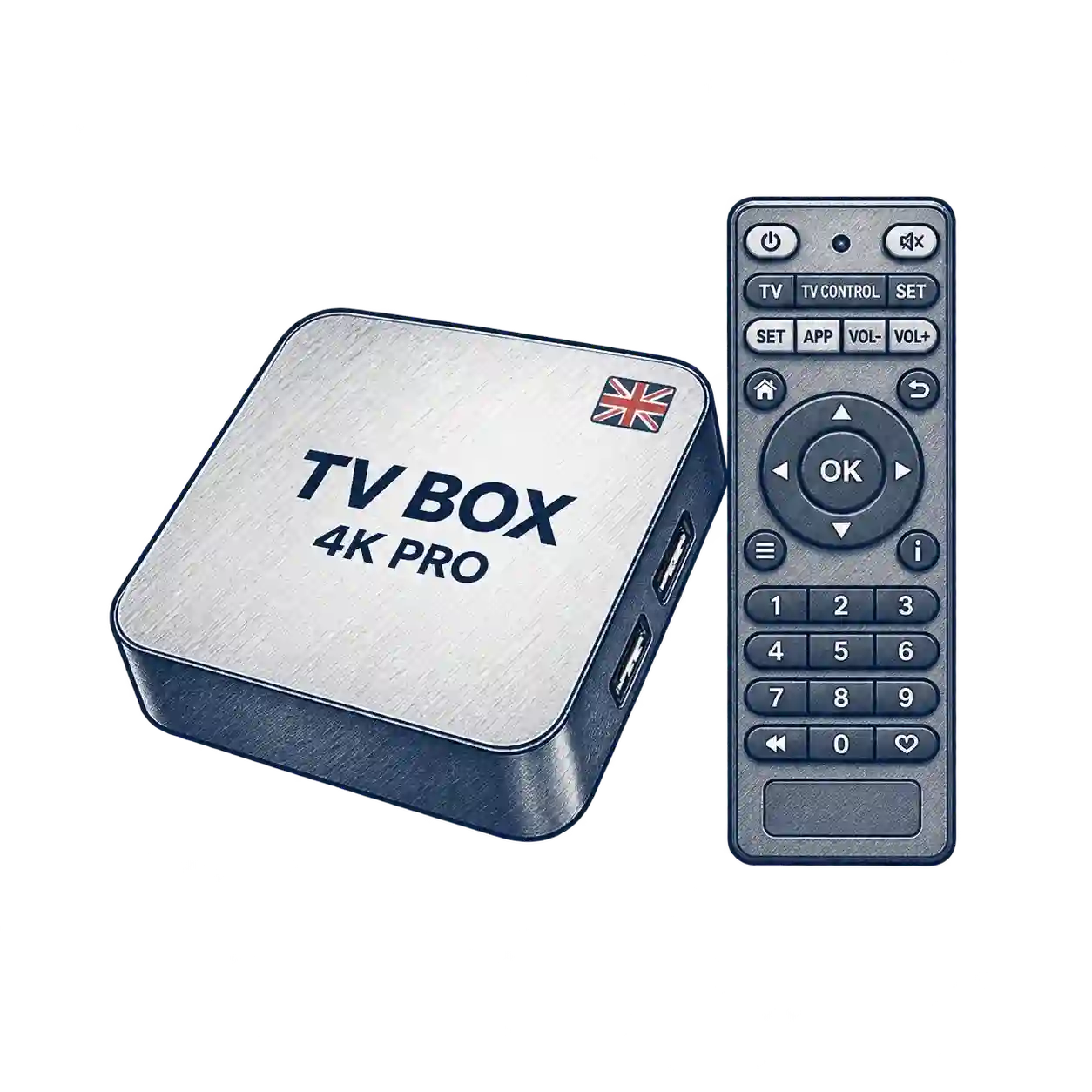 IPTV box with remote control for streaming live TV, sports, films and series on a television