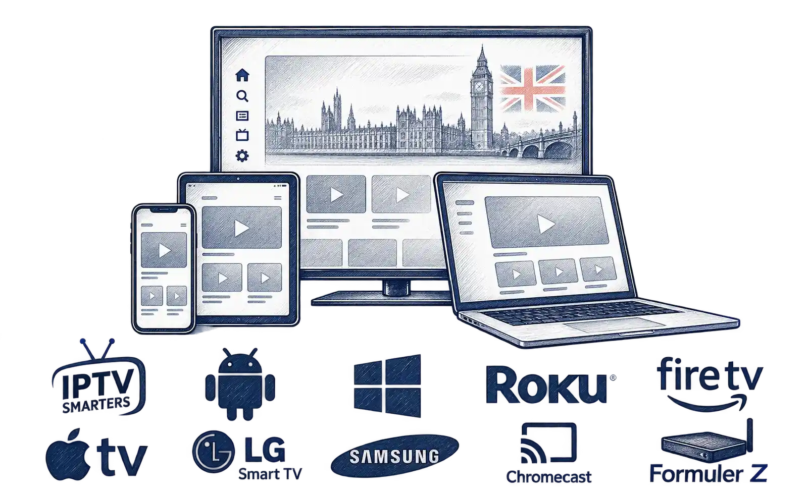 IPTV box and compatible streaming devices including Smart TV, Android, Fire TV Stick, Apple TV, Windows and Roku