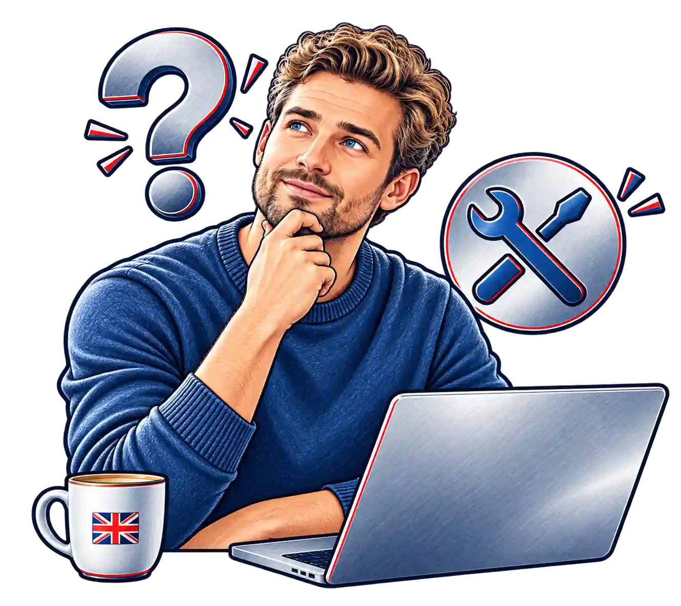 Man looking for help setting up an IPTV box and streaming devices, with laptop and installation icons