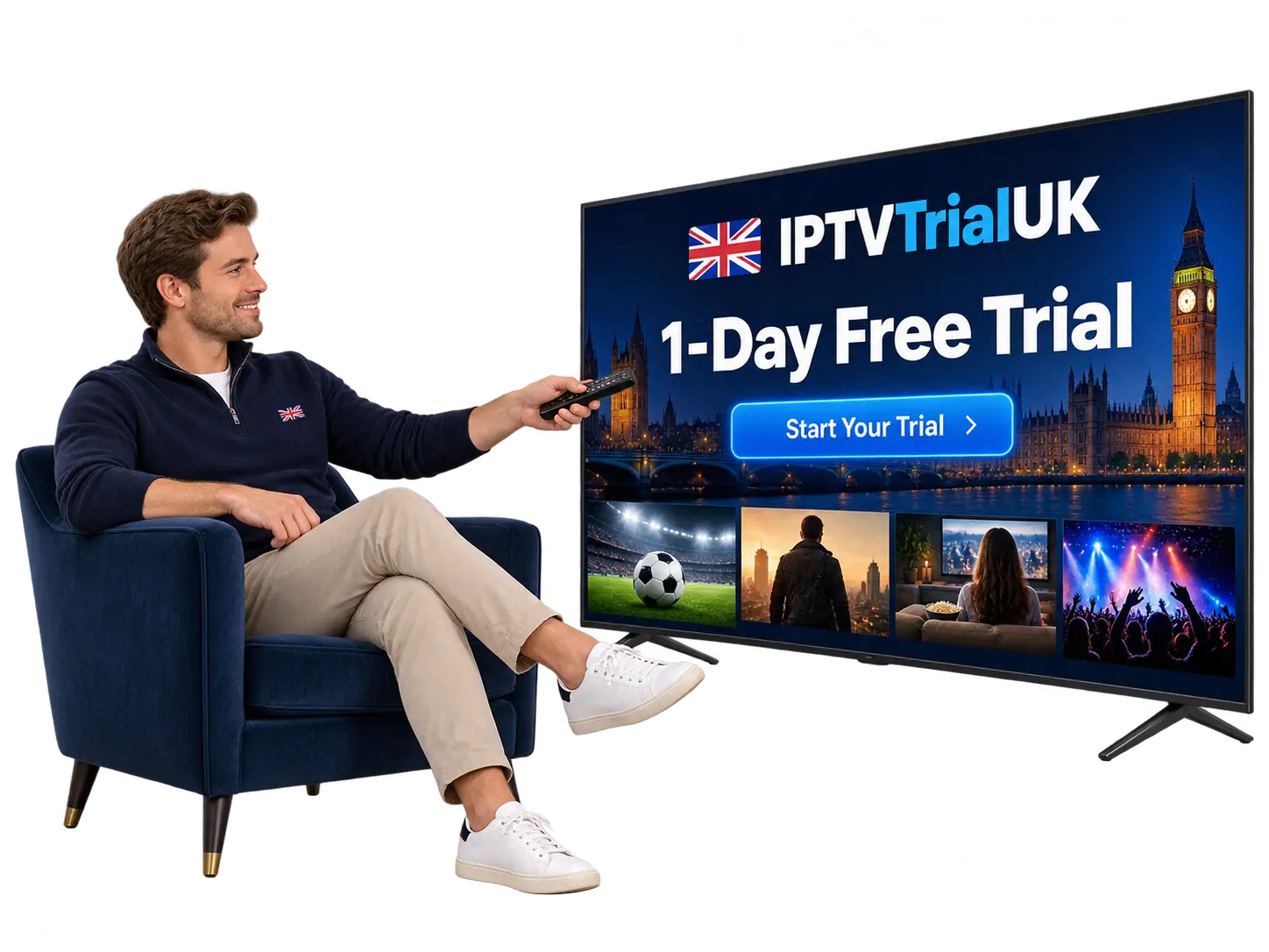 British man using a remote to explore IPTV Trial UK's 1-day free trial on a smart TV