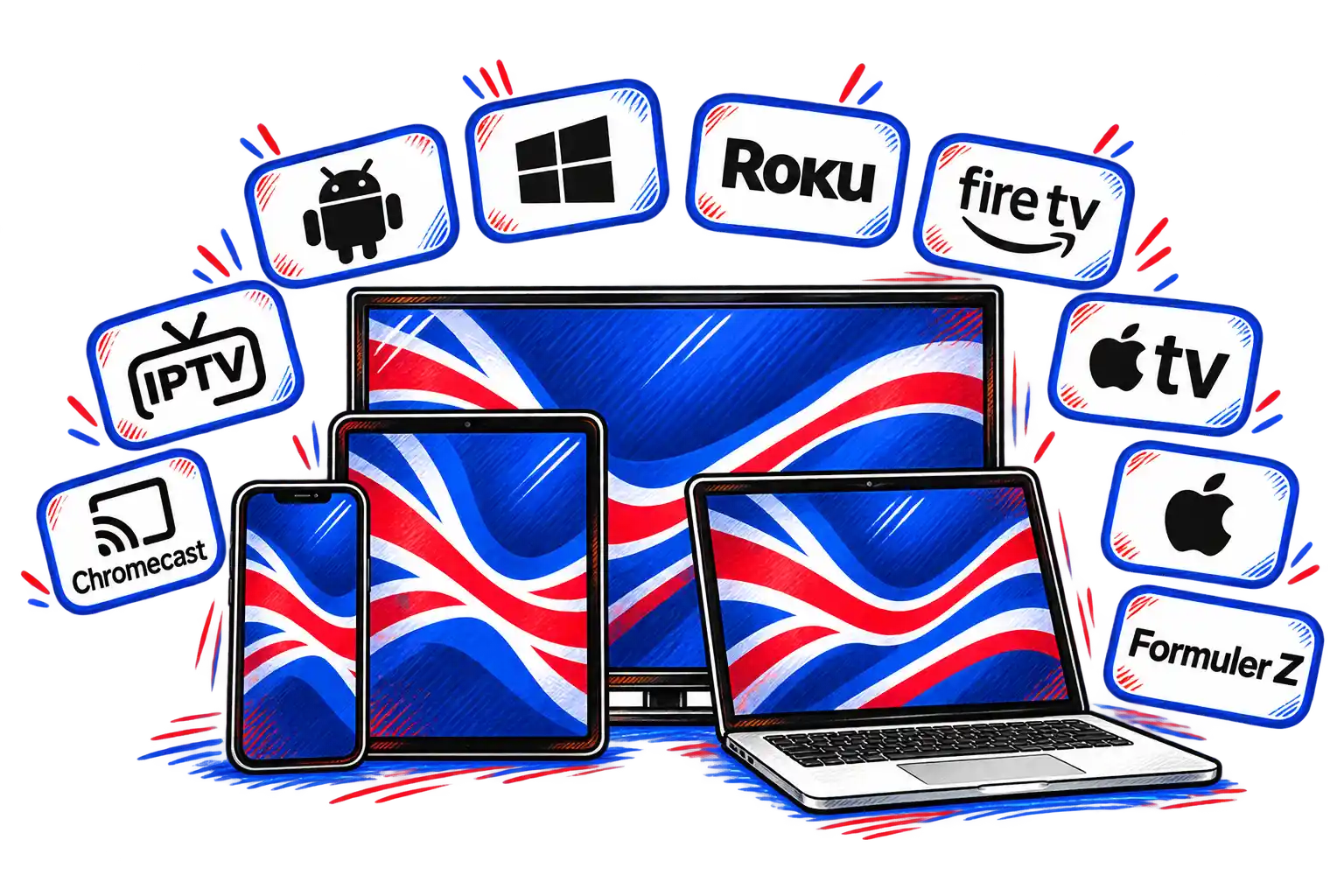 IPTV service UK compatible devices including Smart TV, Android, Fire TV Stick, Apple TV, Roku and Windows