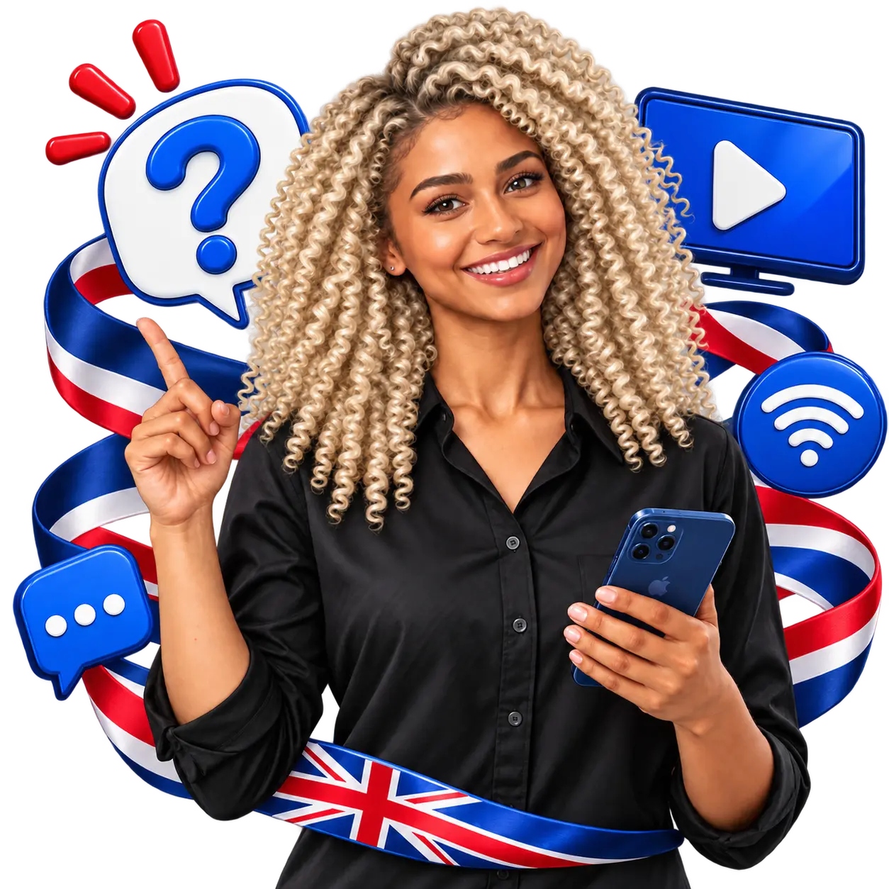 Smiling woman holding a smartphone beside IPTV service customer support and FAQ icons