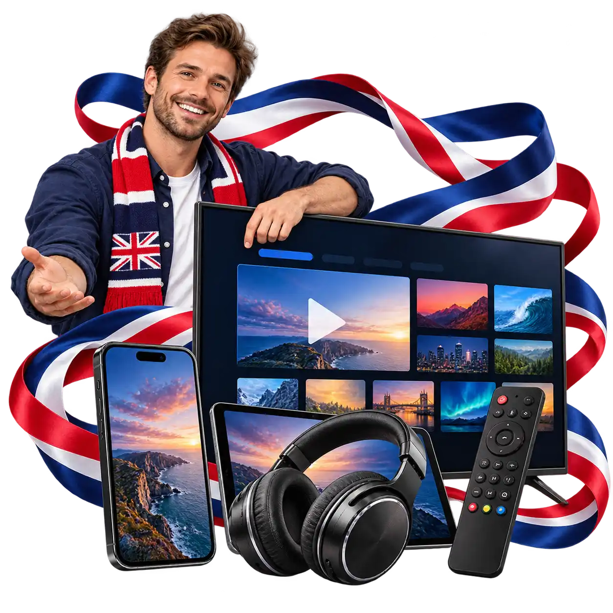 Man presenting an IPTV service in the UK with Smart TV, smartphone, tablet and remote control