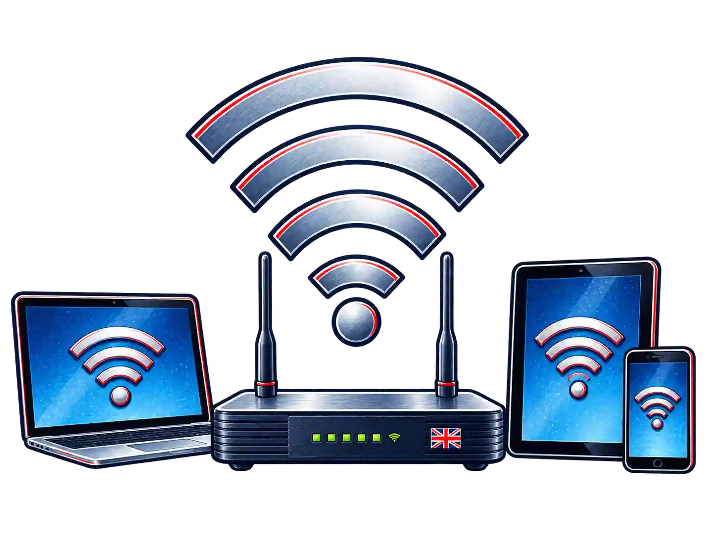 Wi-Fi router connected to laptop, tablet and smartphone for stable IPTV streaming